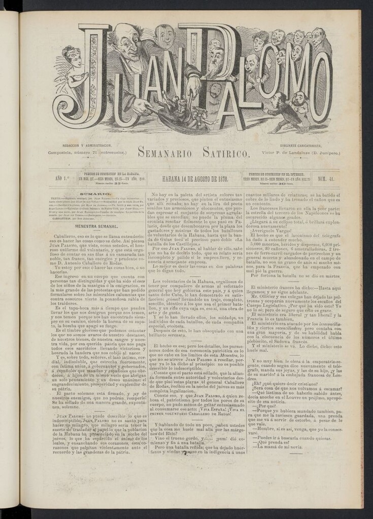 Miniatura de Juan Palomo: semanario satírico del 14 de agosto de 1870, nº 41