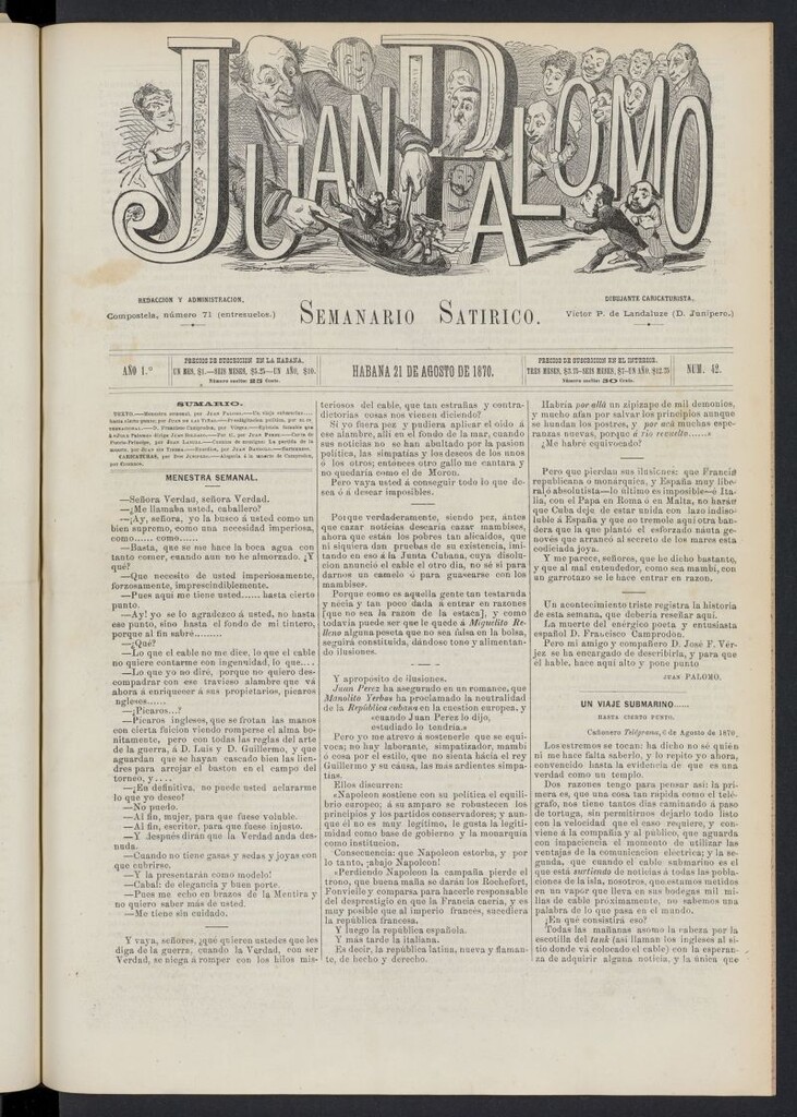 Miniatura de Juan Palomo: semanario satírico del 21 de agosto de 1870, nº 42