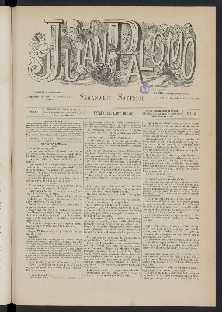 Miniatura de Juan Palomo: semanario satírico del 28 de agosto de 1870, nº 43