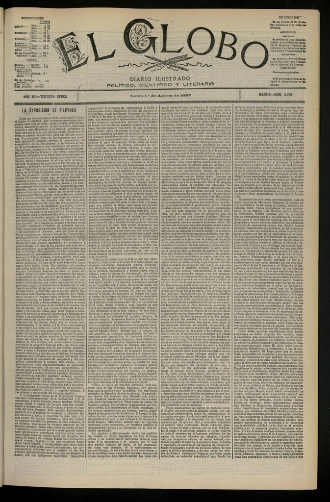 Miniatura de El Globo : diario ilustrado del 1 de agosto de 1887, nº 4291