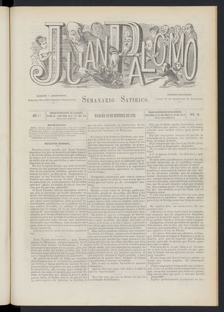 Miniatura de Juan Palomo: semanario satírico del 16 de octubre de 1870, nº 50