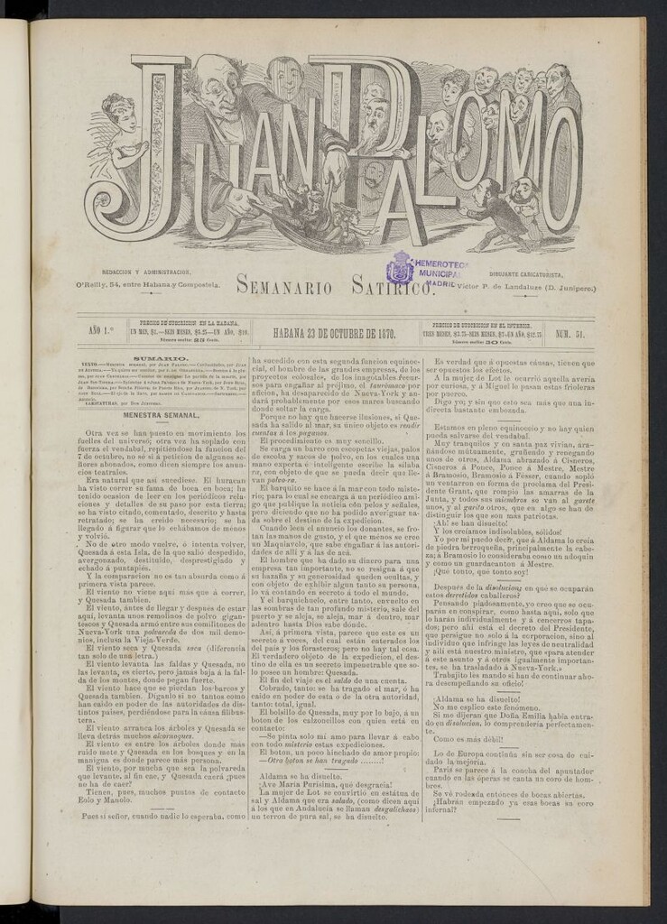 Miniatura de Juan Palomo: semanario satírico del 23 de octubre de 1870, nº 51