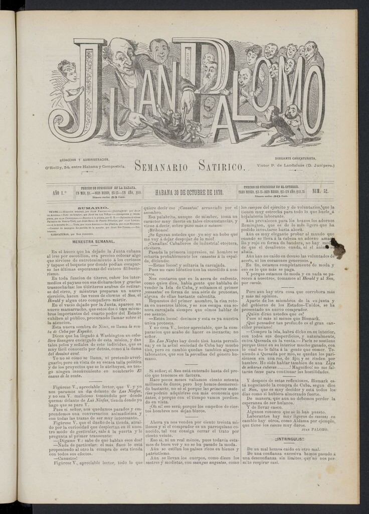 Miniatura de Juan Palomo: semanario satírico del 30 de octubre de 1870, nº 52