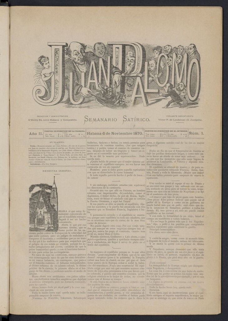 Miniatura de Juan Palomo: semanario satírico del 6 de noviembre de 1870, nº 1