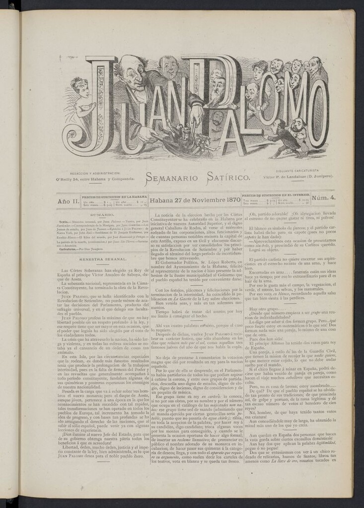 Miniatura de Juan Palomo: semanario satírico del 27 de noviembre de 1870, nº 4