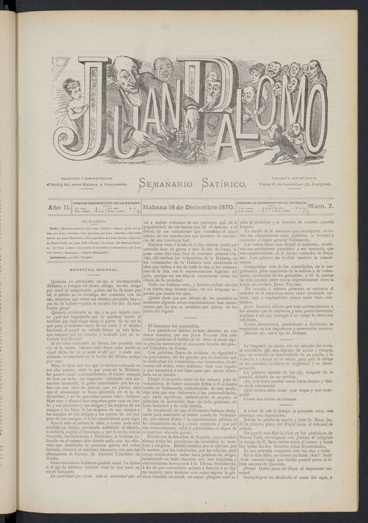 Miniatura de Juan Palomo: semanario satírico del 18 de diciembre de 1870, nº 7