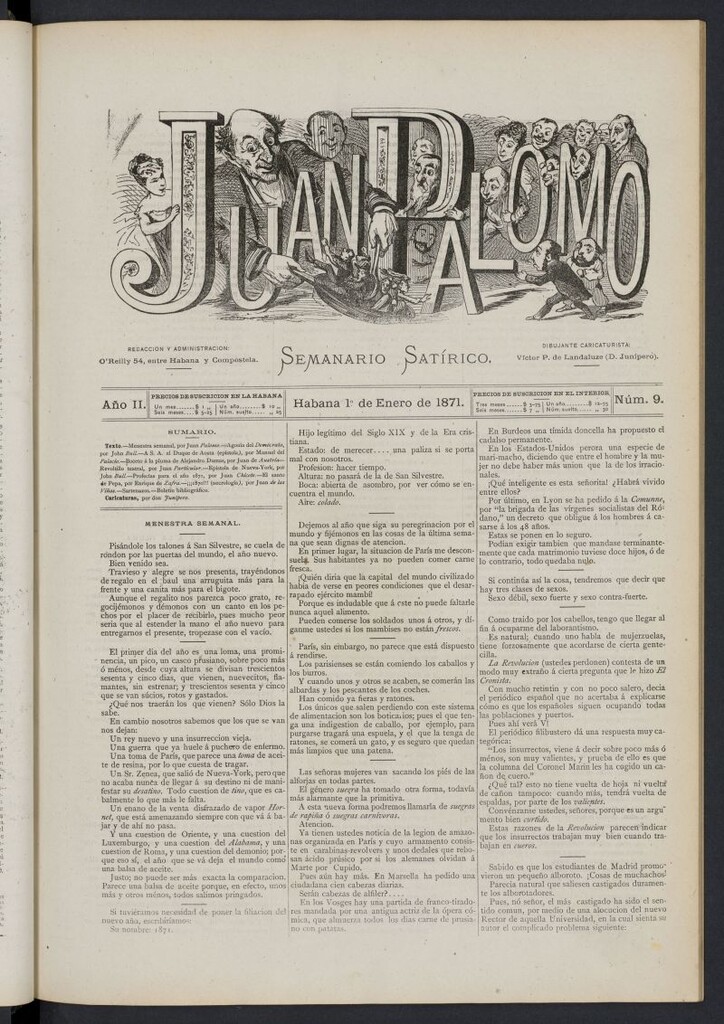 Miniatura de Juan Palomo: semanario satírico del 1 de enero de 1871, nº 9
