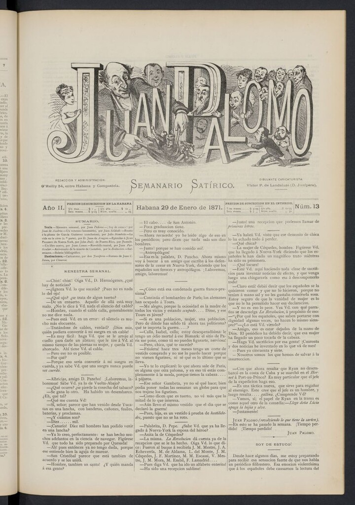 Miniatura de Juan Palomo: semanario satírico del 29 de enero de 1871, nº 13