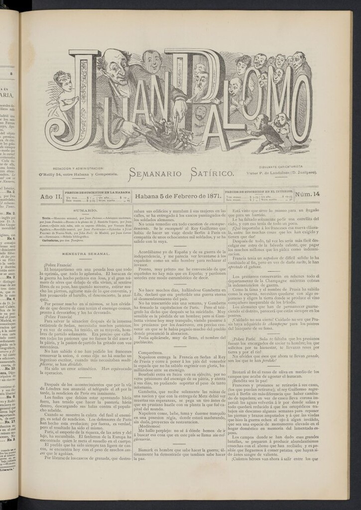 Miniatura de Juan Palomo: semanario satírico del 5 de febrero de 1871, nº 14