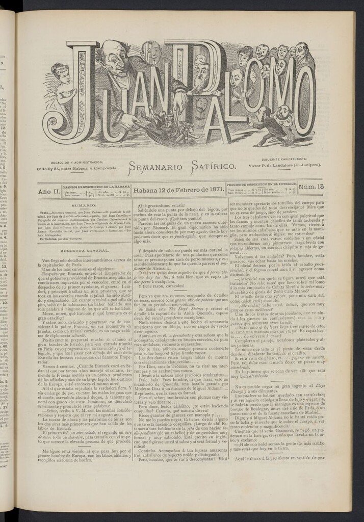 Miniatura de Juan Palomo: semanario satírico del 12 de febrero de 1871, nº 15