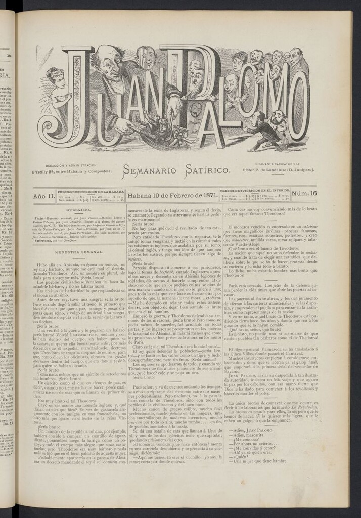 Miniatura de Juan Palomo: semanario satírico del 19 de febrero de 1871, nº 16