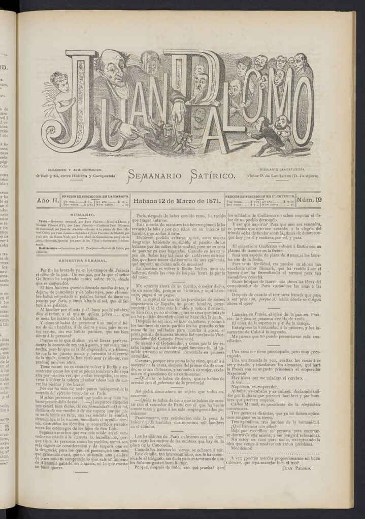 Miniatura de Juan Palomo: semanario satírico del 12 de marzo de 1871, nº 19