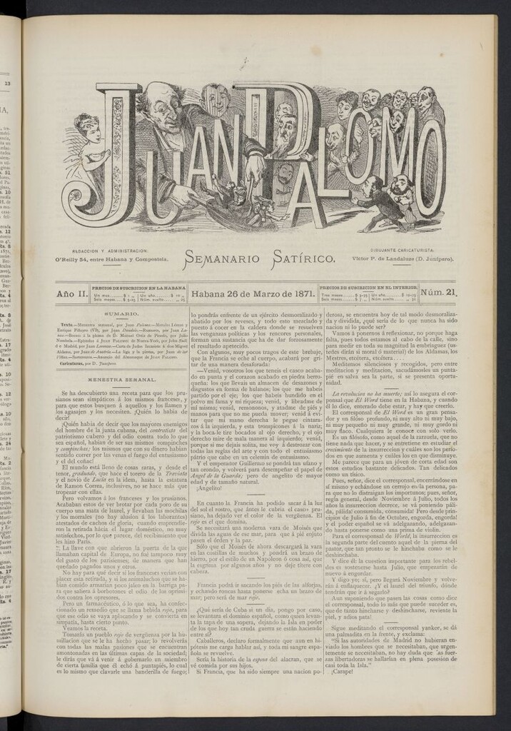 Miniatura de Juan Palomo: semanario satírico del 26 de marzo de 1871, nº 21