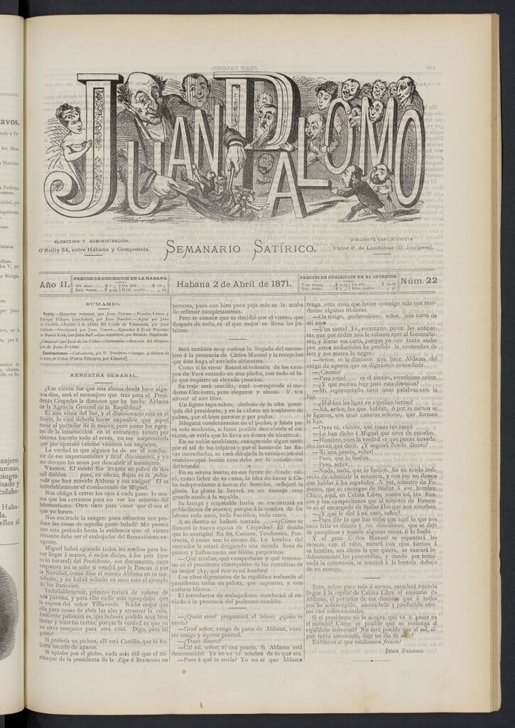 Miniatura de Juan Palomo: semanario satírico del 2 de abril de 1871, nº 22