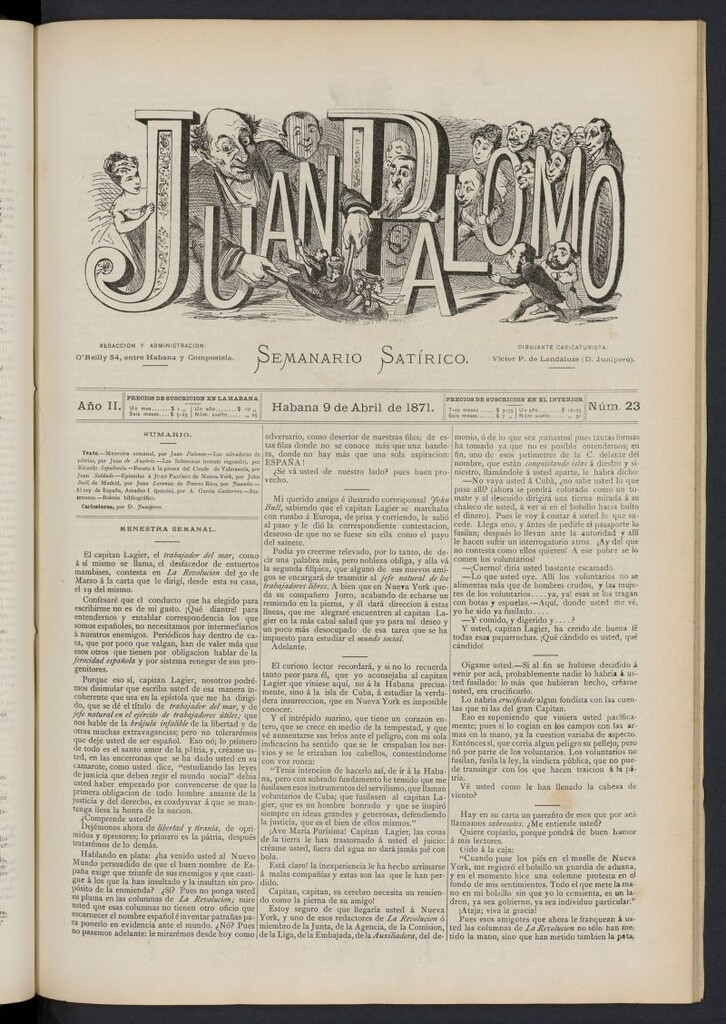 Miniatura de Juan Palomo: semanario satírico del 9 de abril de 1871, nº 23