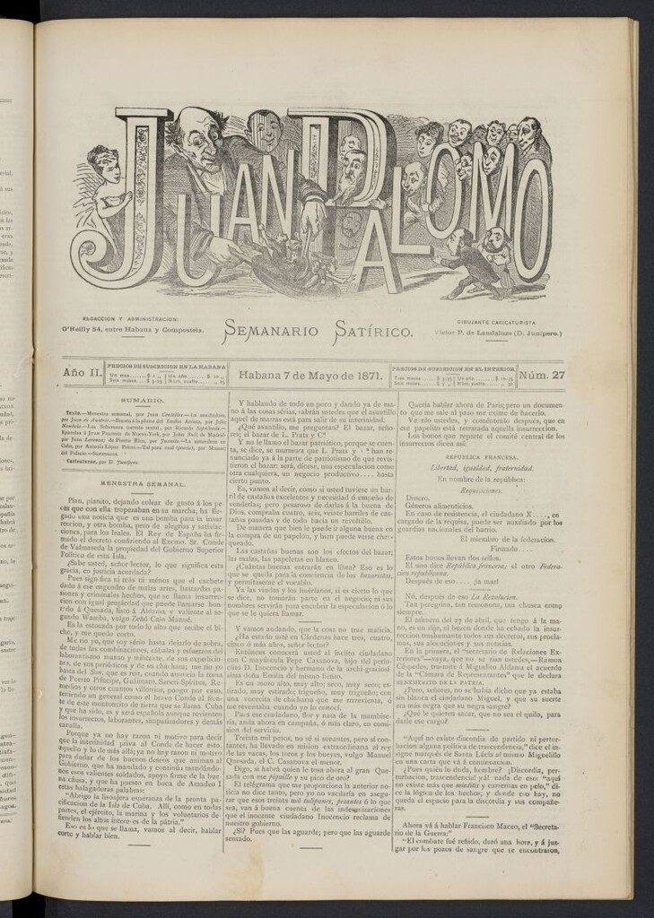 Miniatura de Juan Palomo: semanario satírico del 7 de mayo de 1871, nº 27