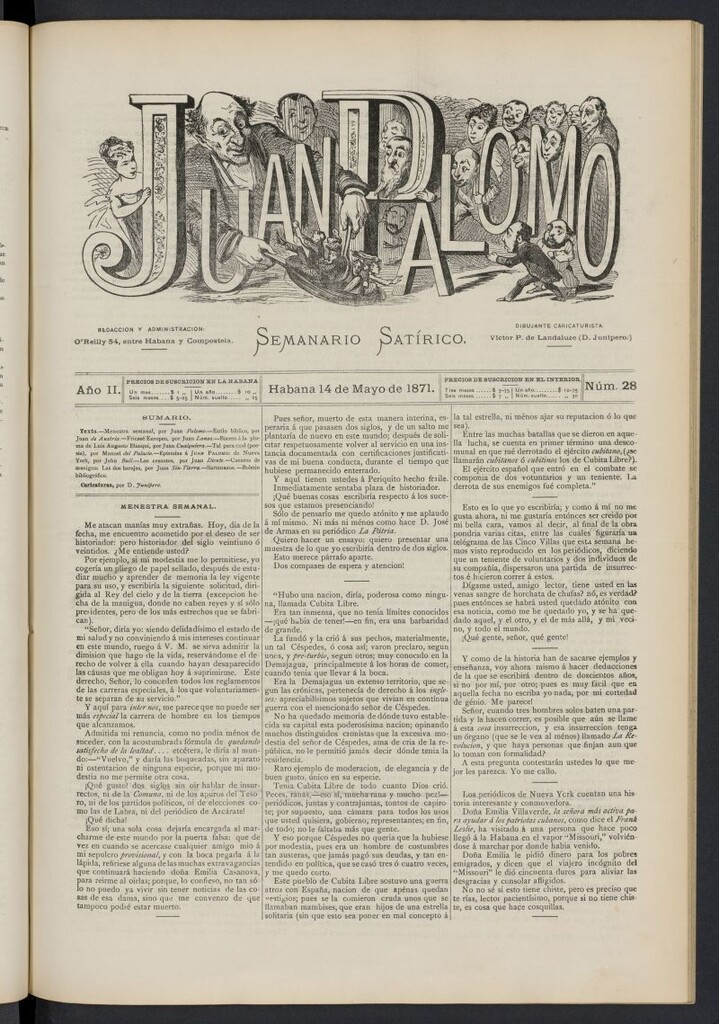 Miniatura de Juan Palomo: semanario satírico del 14 de mayo de 1871, nº 28