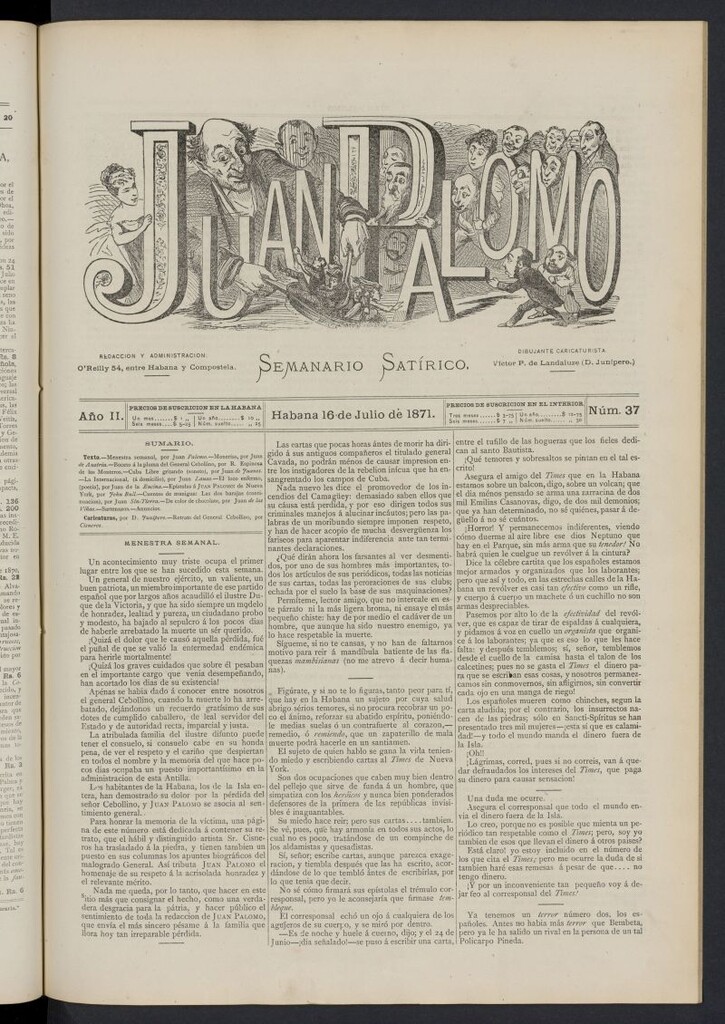 Miniatura de Juan Palomo: semanario satírico del 16 de julio de 1871, nº 37