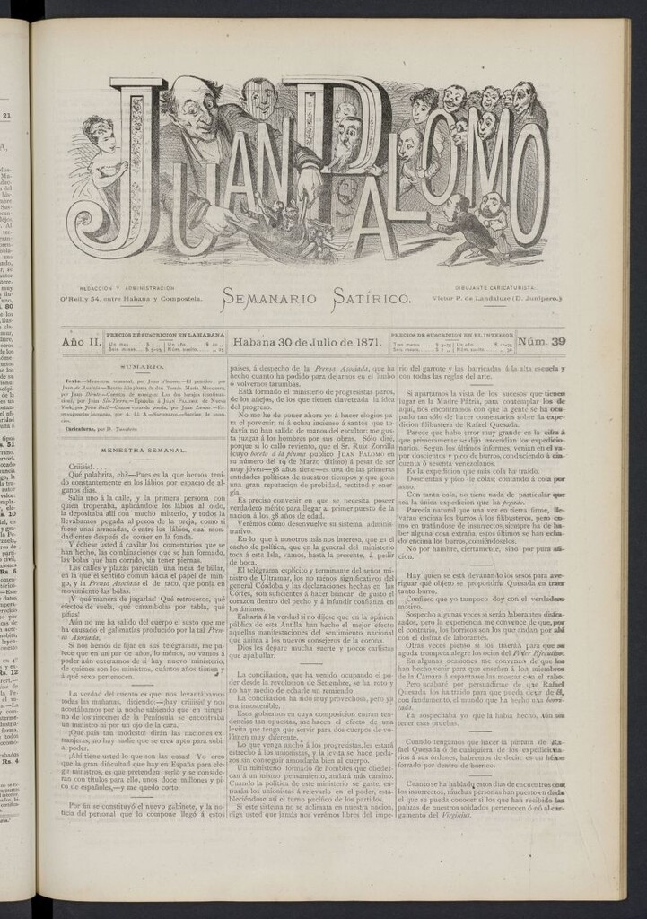 Miniatura de Juan Palomo: semanario satírico del 30 de julio de 1871, nº 39