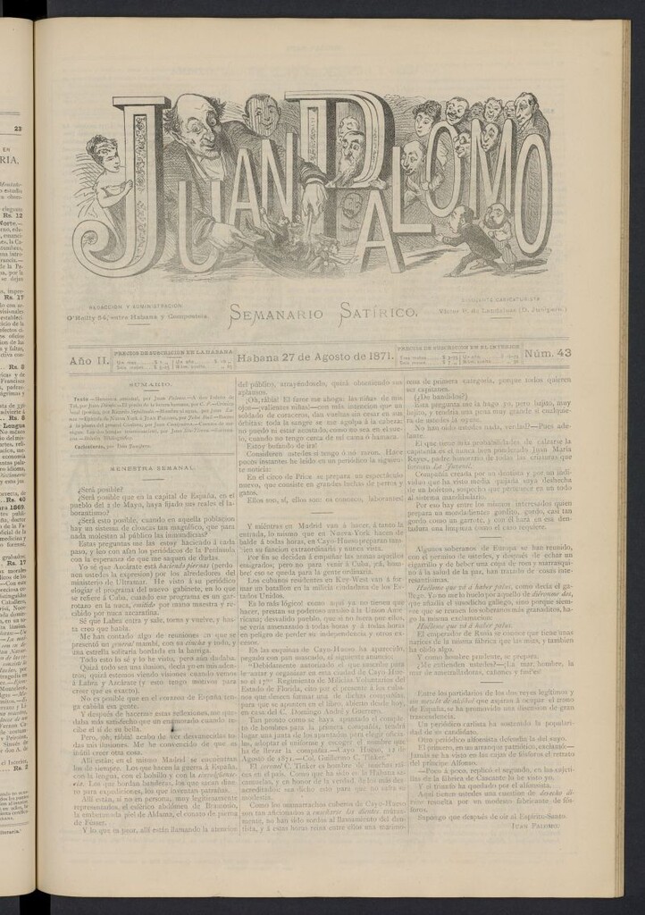 Miniatura de Juan Palomo: semanario satírico del 27 de agosto de 1871, nº 43