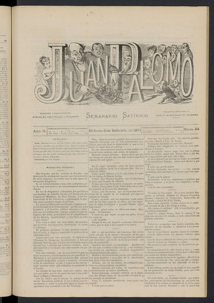 Miniatura de Juan Palomo: semanario satírico del 3 de septiembre de 1871, nº 44