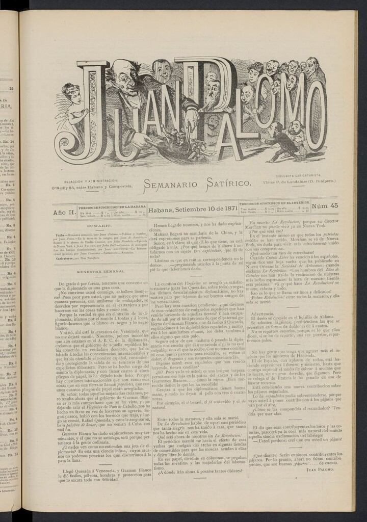 Miniatura de Juan Palomo: semanario satírico del 10 de septiembre de 1871, nº 45