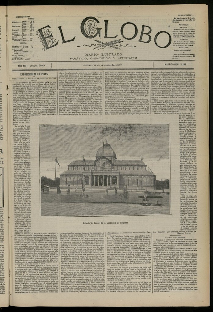 Miniatura de El Globo : diario ilustrado del 6 de agosto de 1887, nº 4296