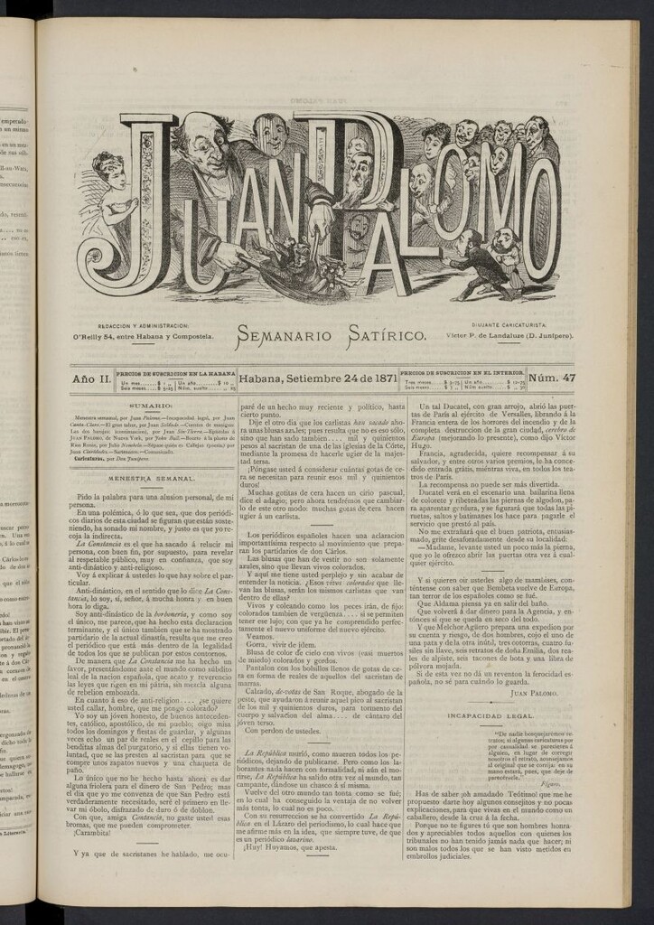 Miniatura de Juan Palomo: semanario satírico del 24 de septiembre de 1871, nº 47