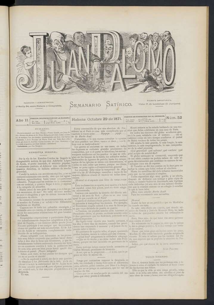 Miniatura de Juan Palomo: semanario satírico del 29 de octubre de 1871, nº 52