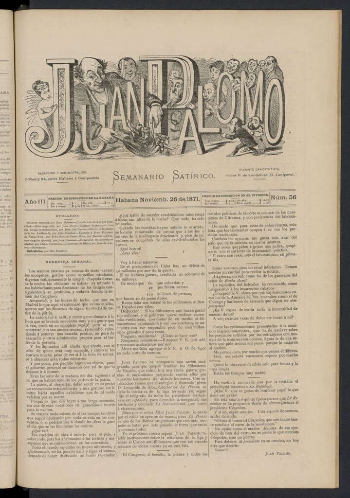 Miniatura de Juan Palomo: semanario satírico del 26 de noviembre de 1871, nº 56