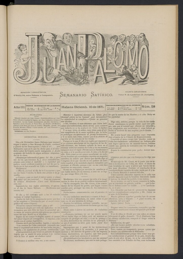 Miniatura de Juan Palomo: semanario satírico del 10 de diciembre de 1871, nº 58