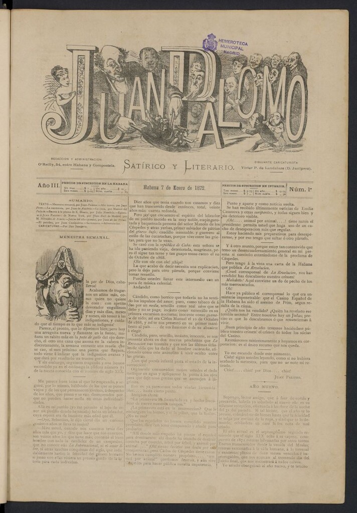 Miniatura de Juan Palomo: semanario satírico del 7 de enero de 1872, nº 1