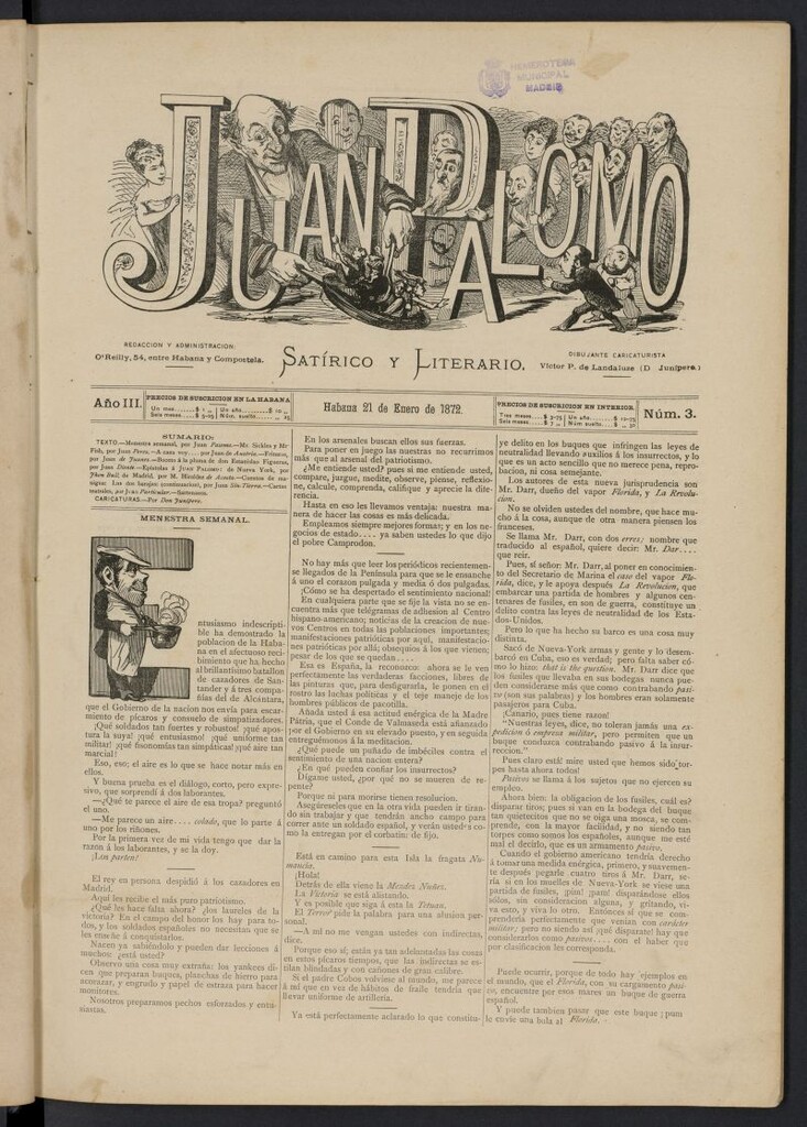 Miniatura de Juan Palomo: semanario satírico del 21 de enero de 1872, nº 3