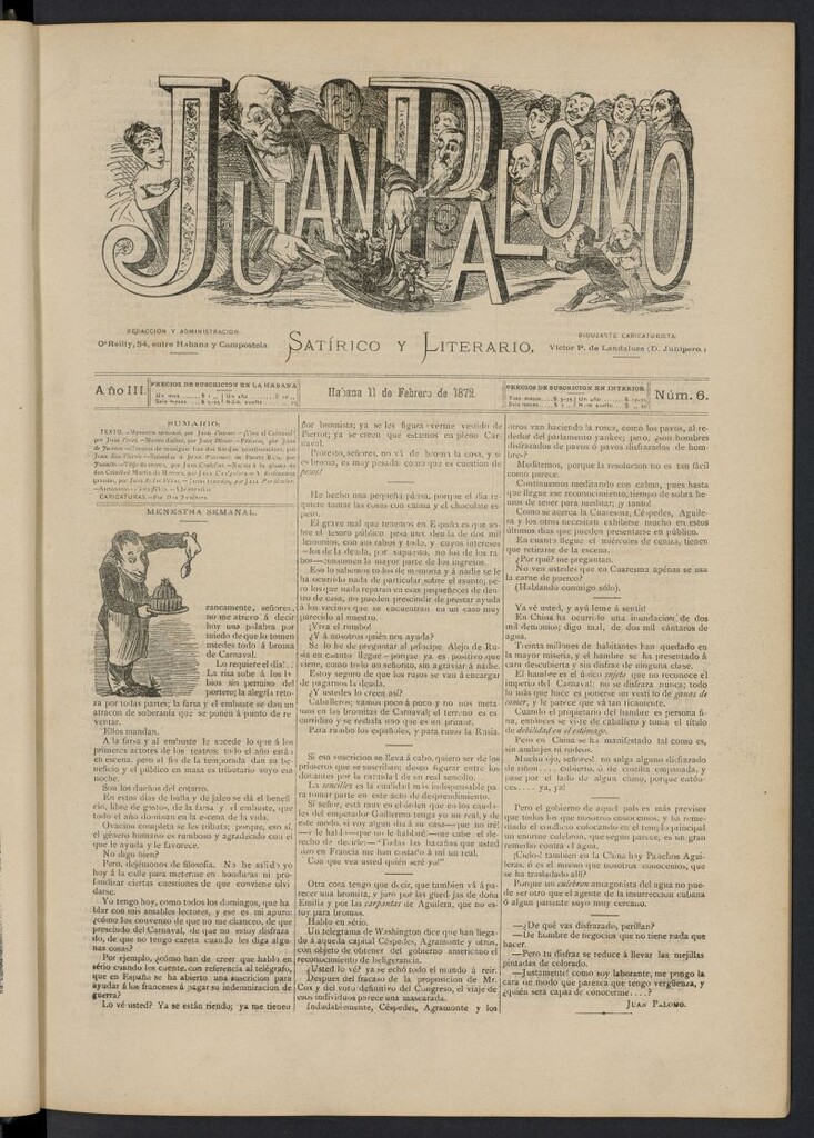 Miniatura de Juan Palomo: semanario satírico del 11 de febrero de 1872, nº 6