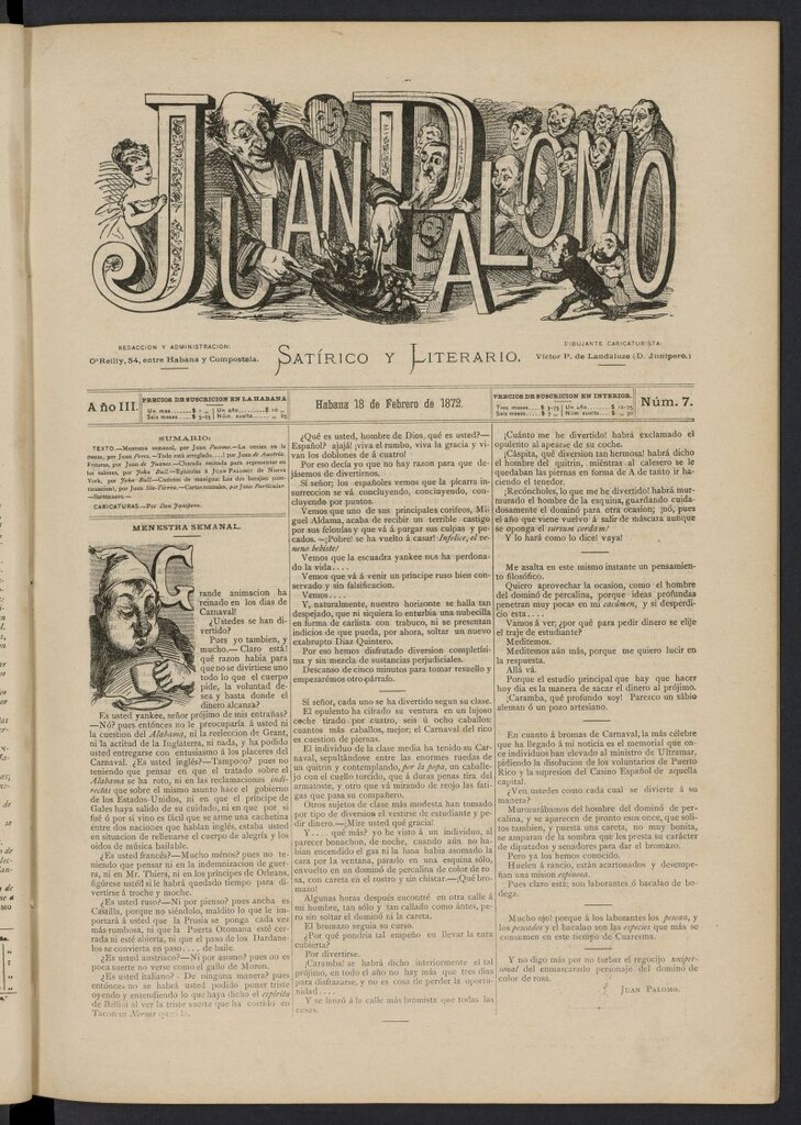 Miniatura de Juan Palomo: semanario satírico del 18 de febrero de 1872, nº 7