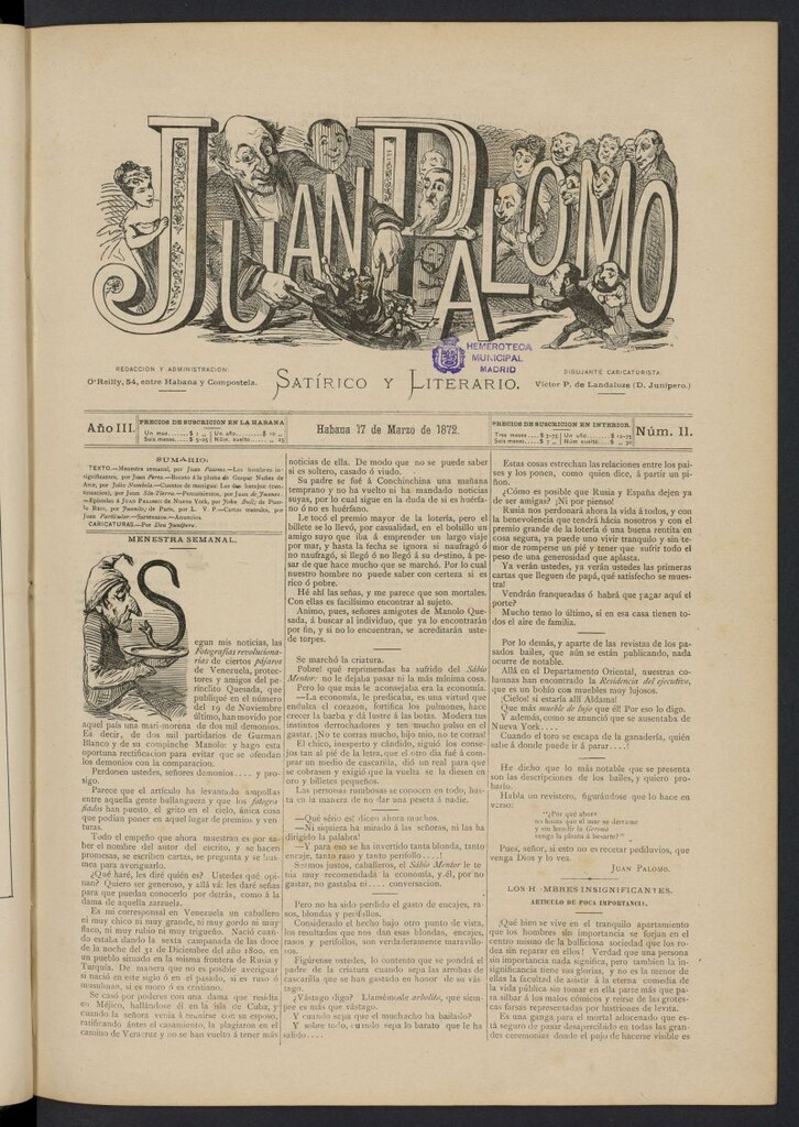 Miniatura de Juan Palomo: semanario satírico del 17 de marzo de 1872, nº 11
