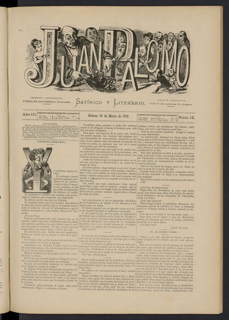 Miniatura de Juan Palomo: semanario satírico del 24 de marzo de 1872, nº 12