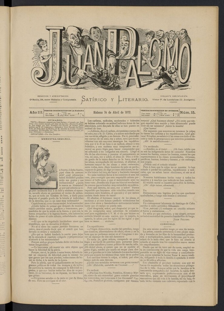 Miniatura de Juan Palomo: semanario satírico del 14 de abril de 1872, nº 15