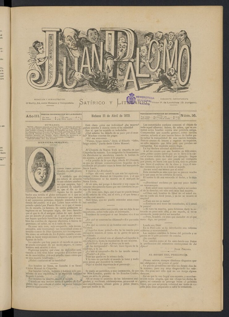 Miniatura de Juan Palomo: semanario satírico del 21 de abril de 1872, nº 16