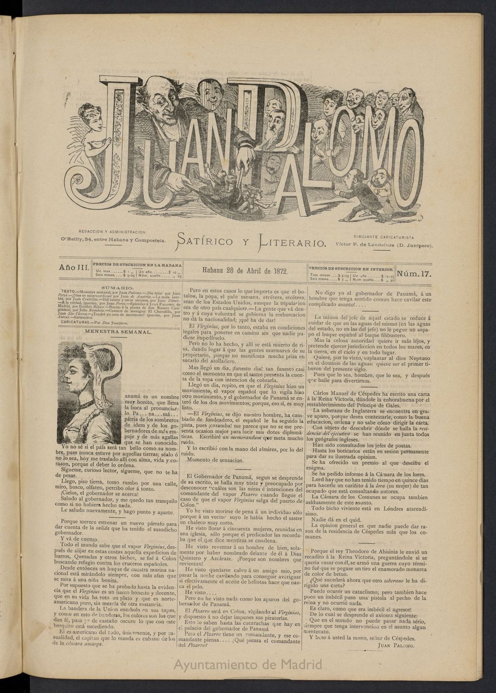 Miniatura de Juan Palomo: semanario satírico del 28 de abril de 1872, nº 17