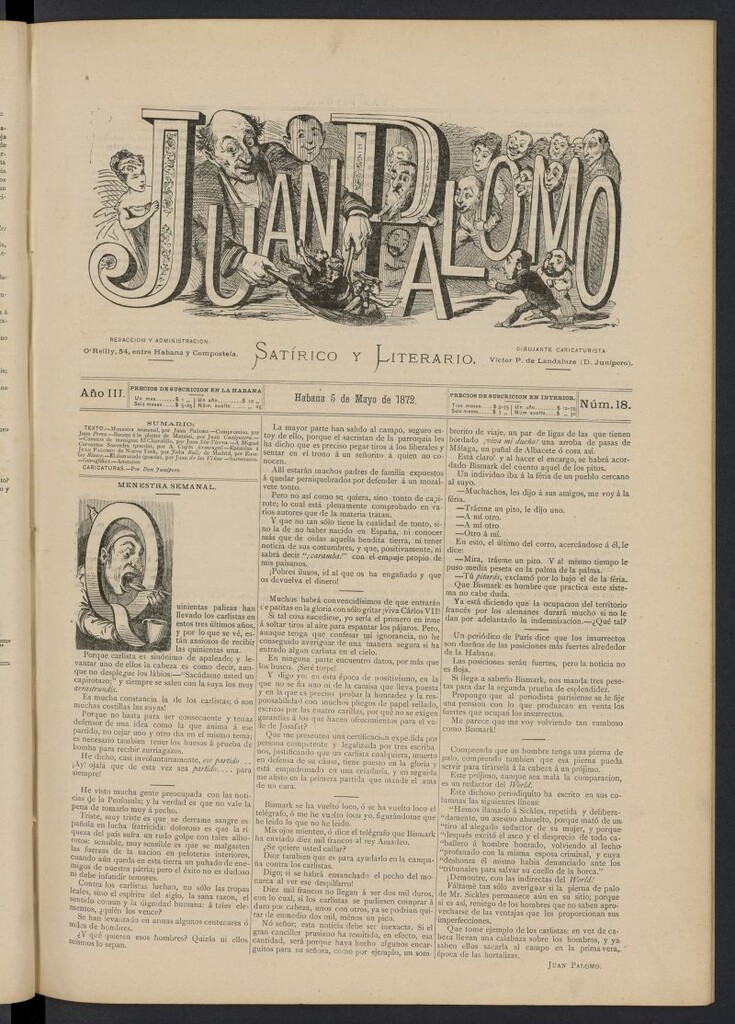 Miniatura de Juan Palomo: semanario satírico del 5 de mayo de 1872, nº 18