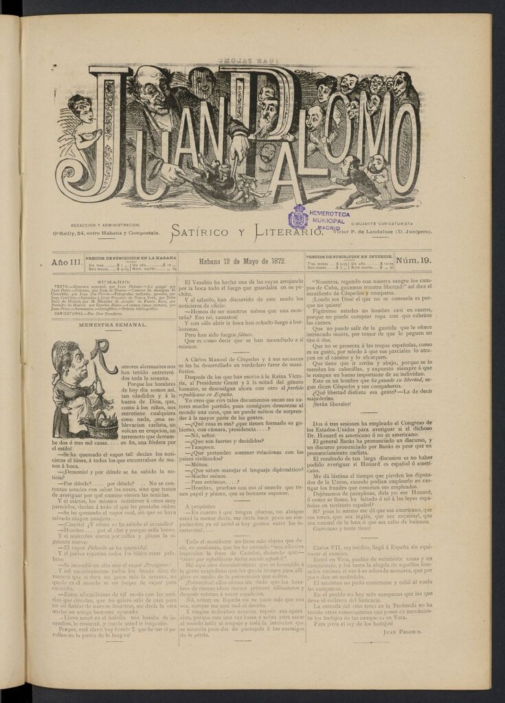 Miniatura de Juan Palomo: semanario satírico del 12 de mayo de 1872, nº 19