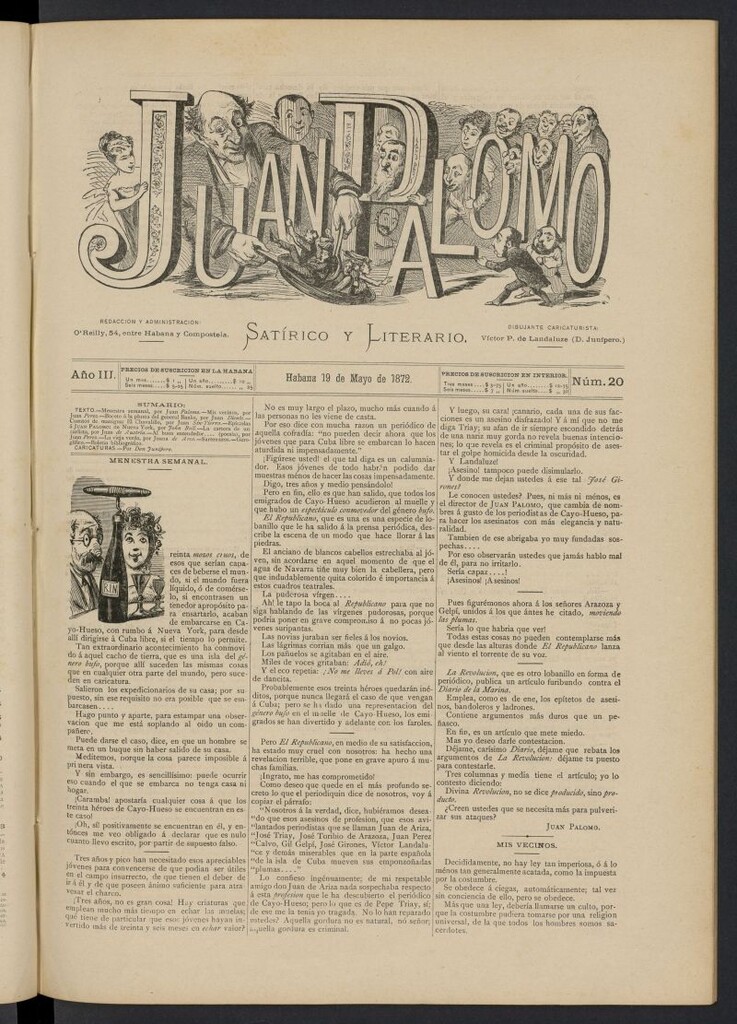 Miniatura de Juan Palomo: semanario satírico del 19 de mayo de 1872, nº 20
