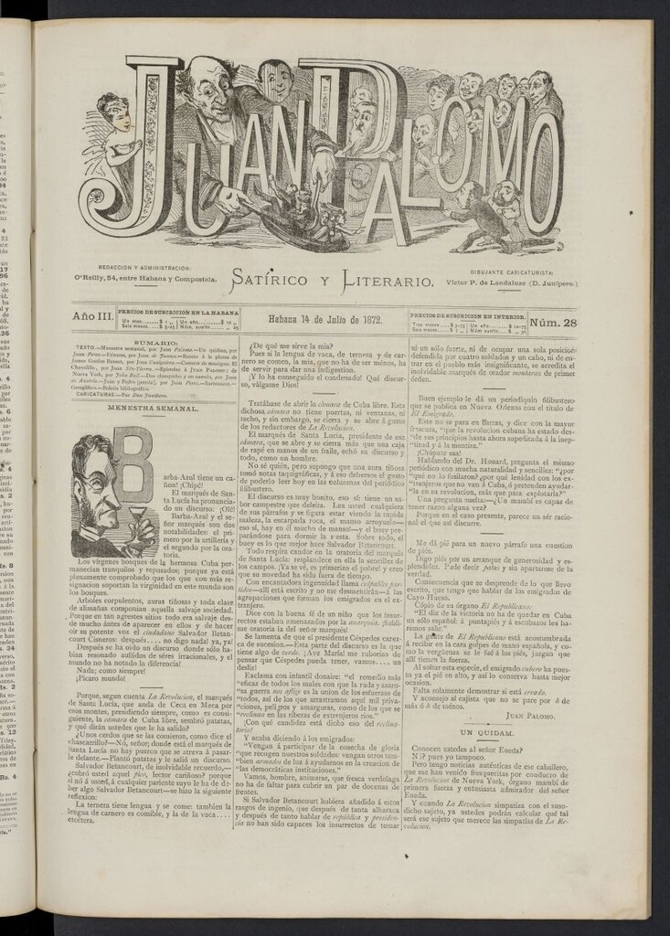 Miniatura de Juan Palomo: semanario satírico del 14 de julio de 1872, nº 28