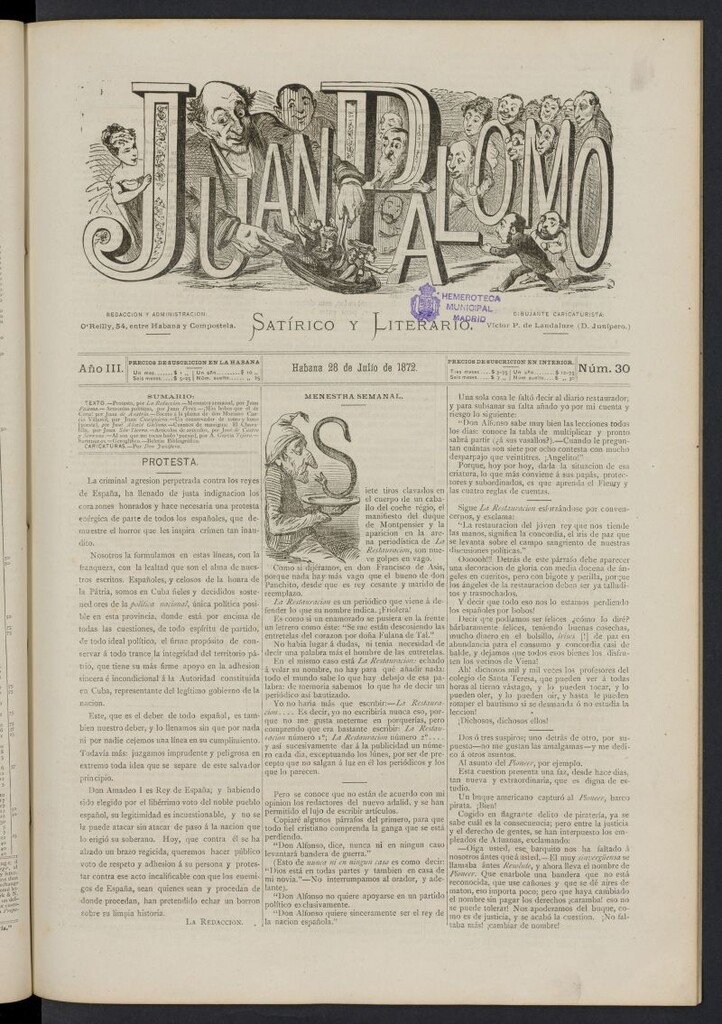 Miniatura de Juan Palomo: semanario satírico del 28 de julio de 1872, nº 30