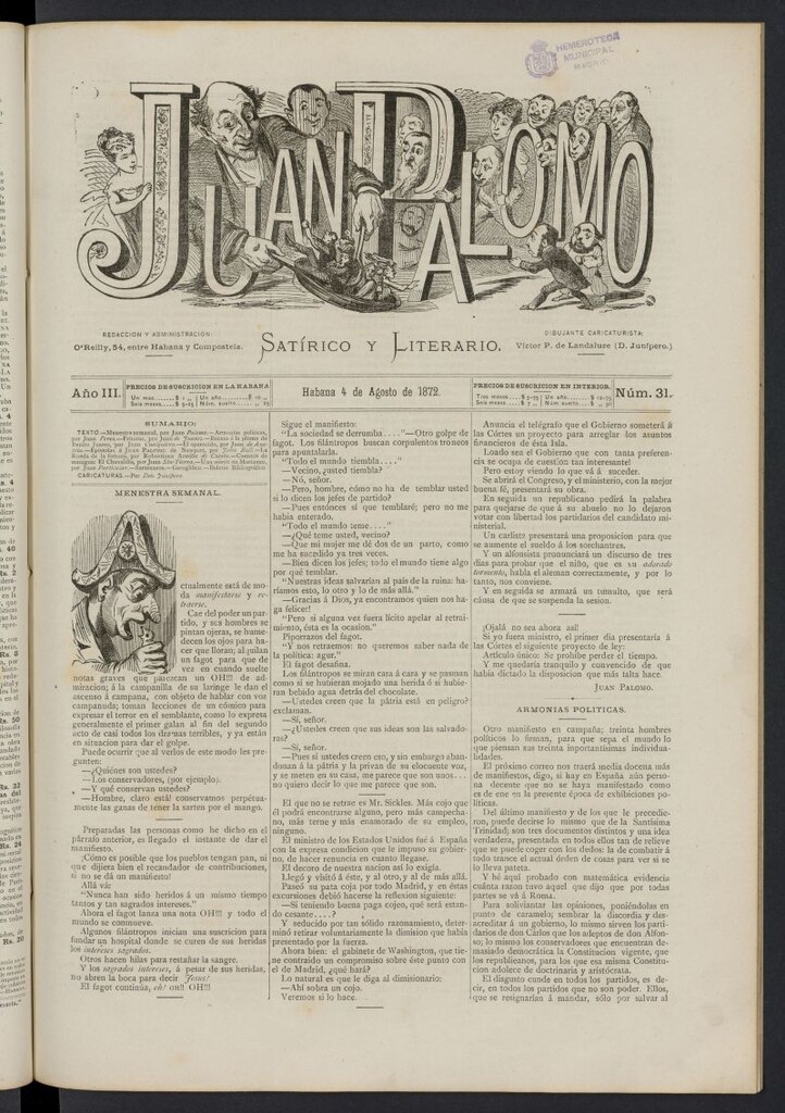 Miniatura de Juan Palomo: semanario satírico del 4 de agosto de 1872, nº 31