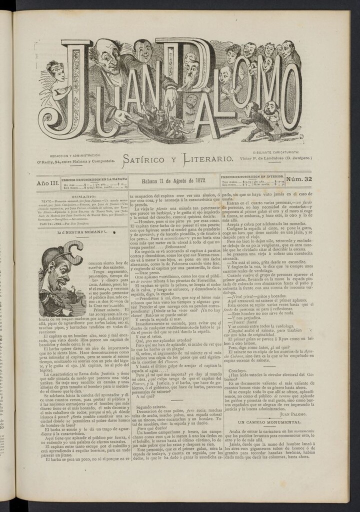 Miniatura de Juan Palomo: semanario satírico del 11 de agosto de 1872, nº 32