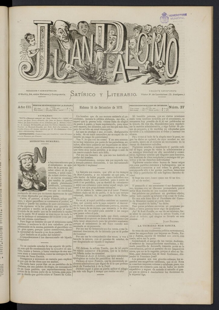 Miniatura de Juan Palomo: semanario satírico del 15 de septiembre de 1872, nº 37