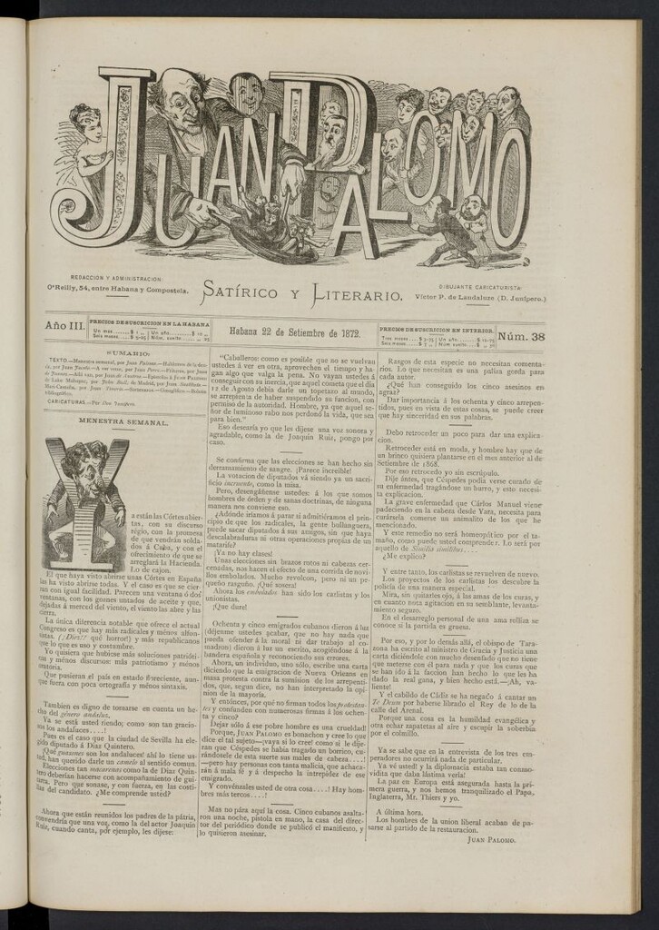 Miniatura de Juan Palomo: semanario satírico del 22 de septiembre de 1872, nº 38