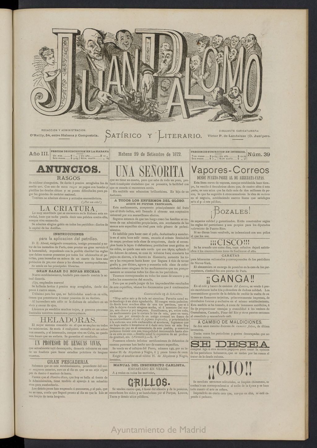 Miniatura de Juan Palomo: semanario satírico del 29 de septiembre de 1872, nº 39